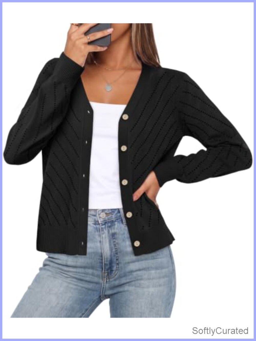 WIHOLL Lightweight Open Knit Cardigan Sweater V-Neck Button Long Sleeve Shrug
